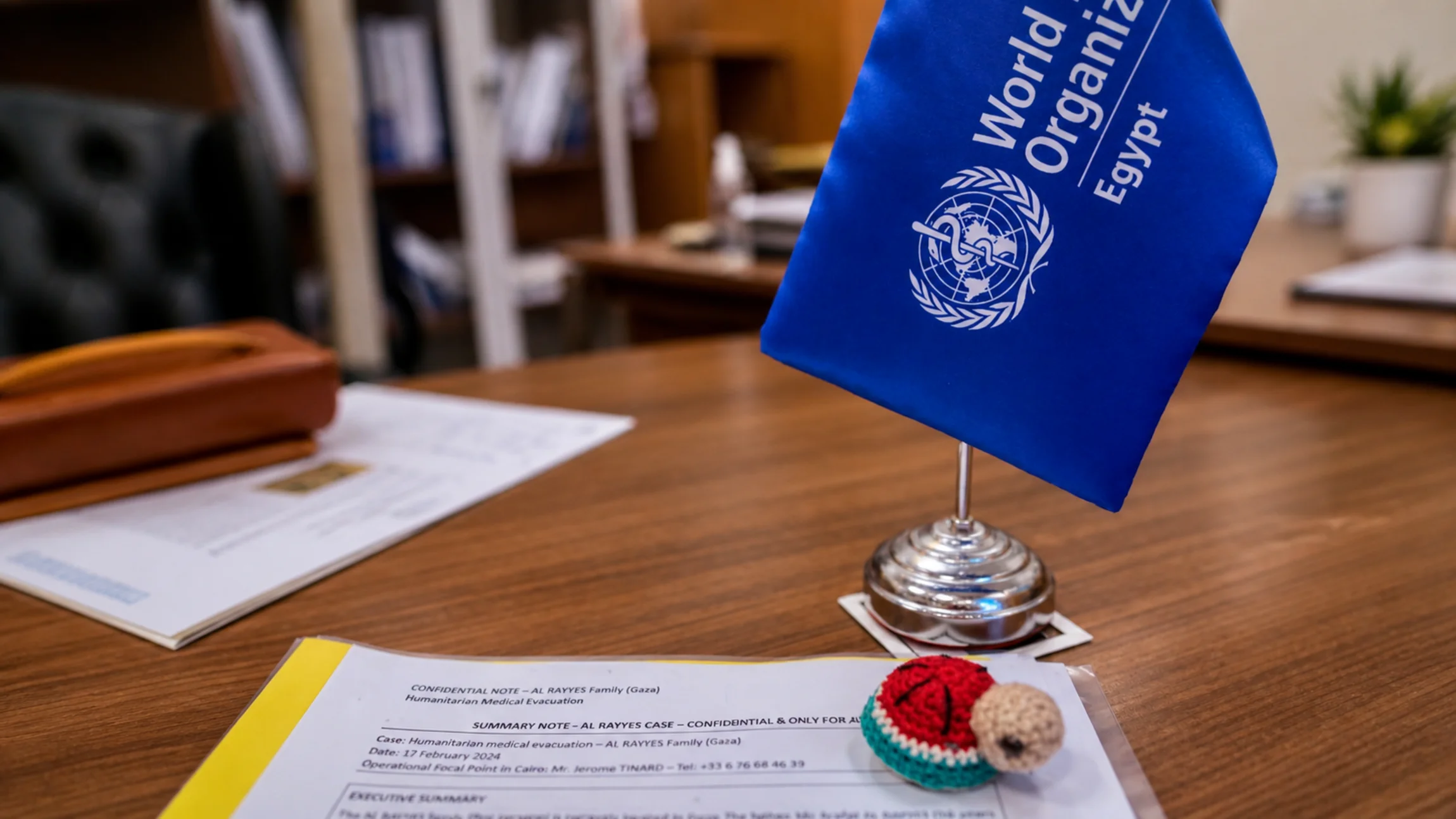 Documents de coordination disposés auprès d'un drapeau de l'Organisation mondiale de la Santé