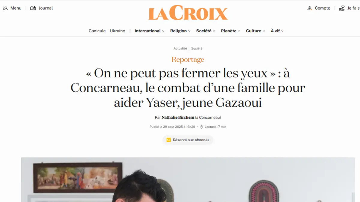 Screenshot of the La Croix article of 29 August 2025 on Yaser and the mobilisation in Concarneau
