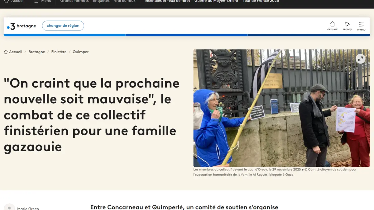 Preview of the France 3 Bretagne article of 7 December 2025 on the Finistère mobilisation for the Al Rayyes family