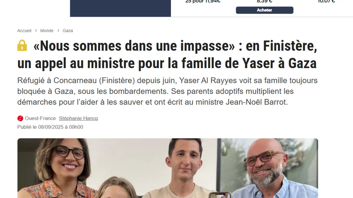Screenshot of the Ouest-France article on the appeal to the minister for Yaser’s family