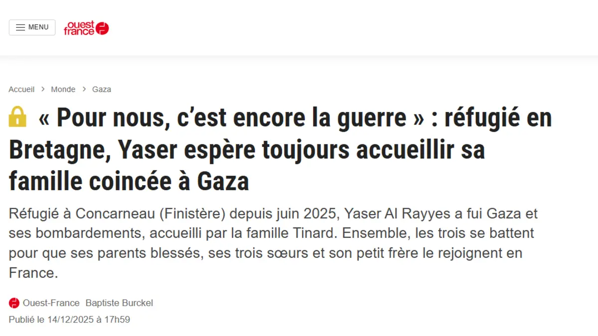 Preview of the Ouest-France article of 14 December 2025 on Yaser and his family trapped in Gaza