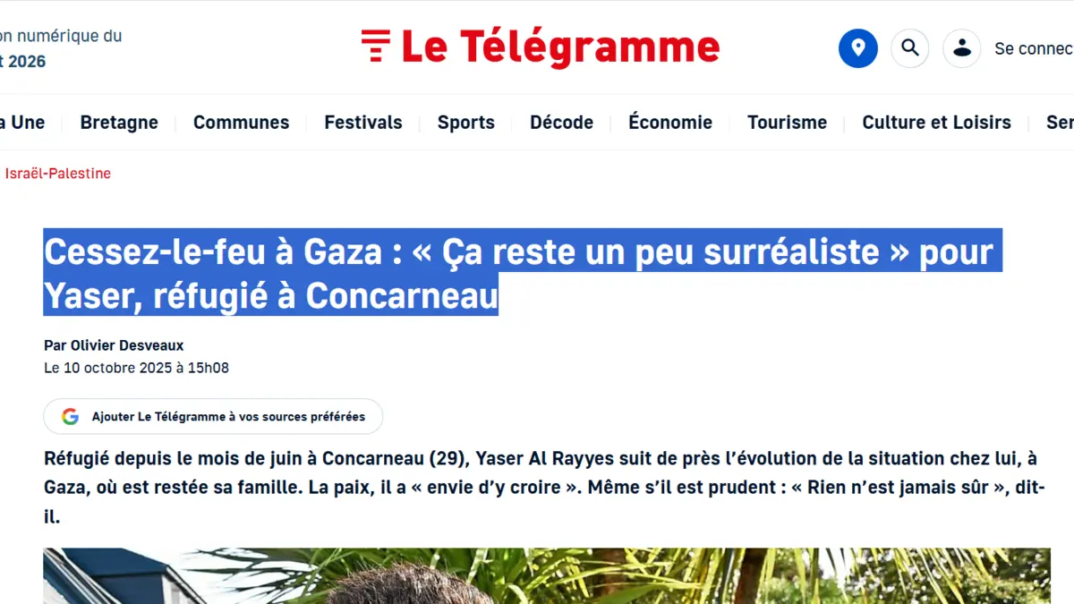Preview of the Le Télégramme article of 10 October 2025 on Yaser’s cautious reaction to the Gaza ceasefire announcement