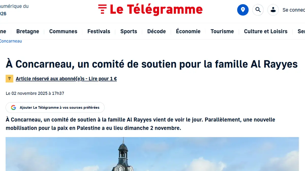 Preview of the Le Télégramme article of 2 November 2025 on the creation of the support committee for the Al Rayyes family in Concarneau