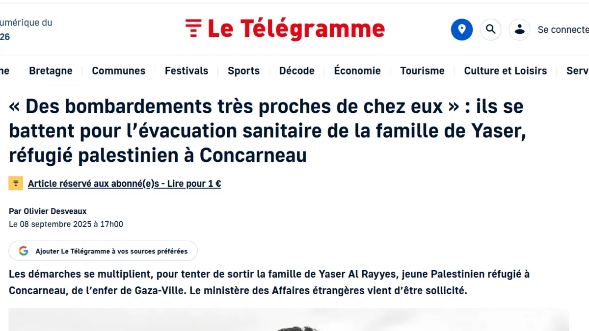 Preview of the Le Télégramme article of 8 September 2025 on the efforts to secure the medical evacuation of the Al Rayyes family