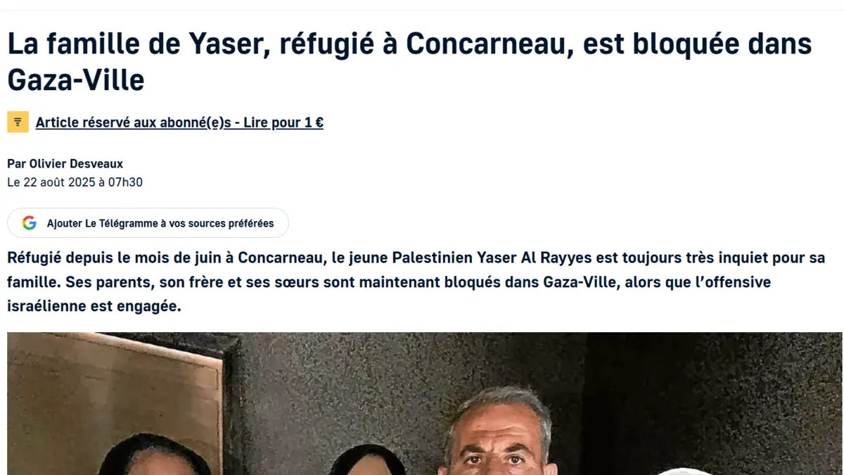 Preview of the Le Télégramme article on Yaser’s family trapped in Gaza City
