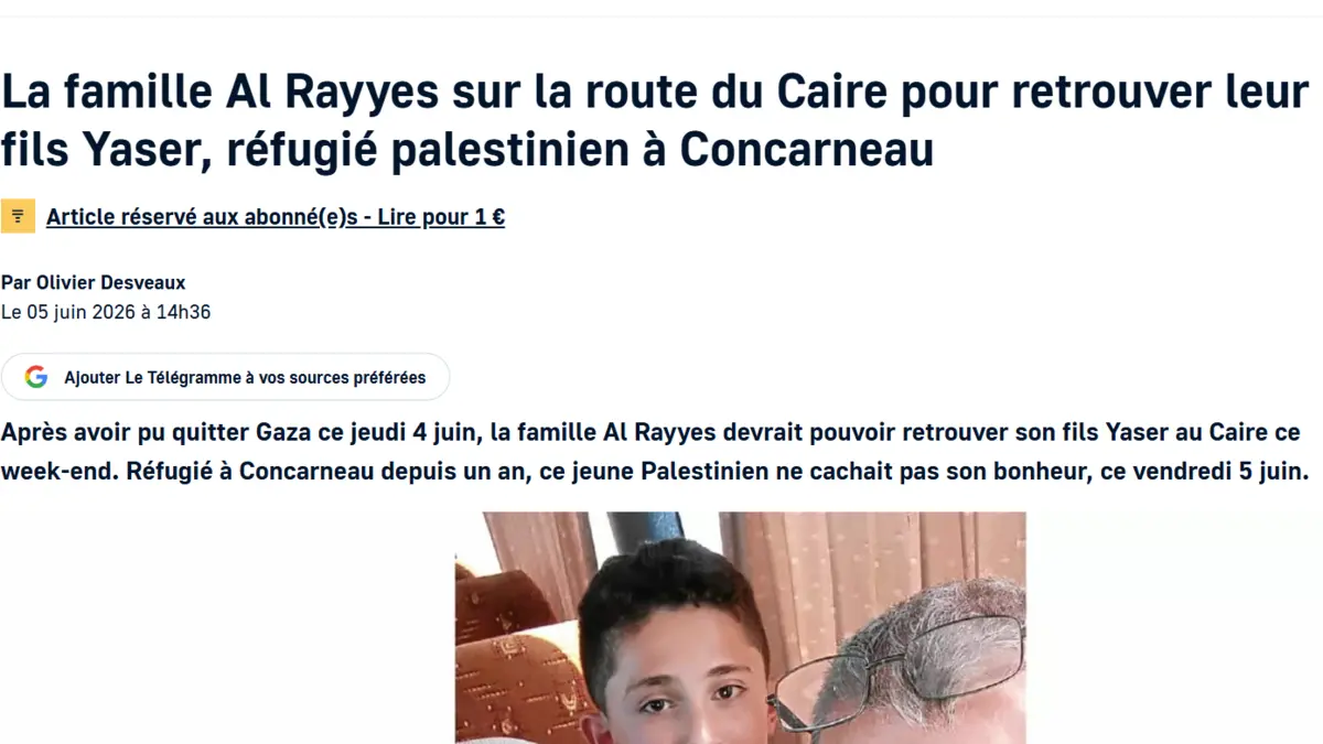 Screenshot of the Le Télégramme article on the Al Rayyes family’s evacuation to Cairo