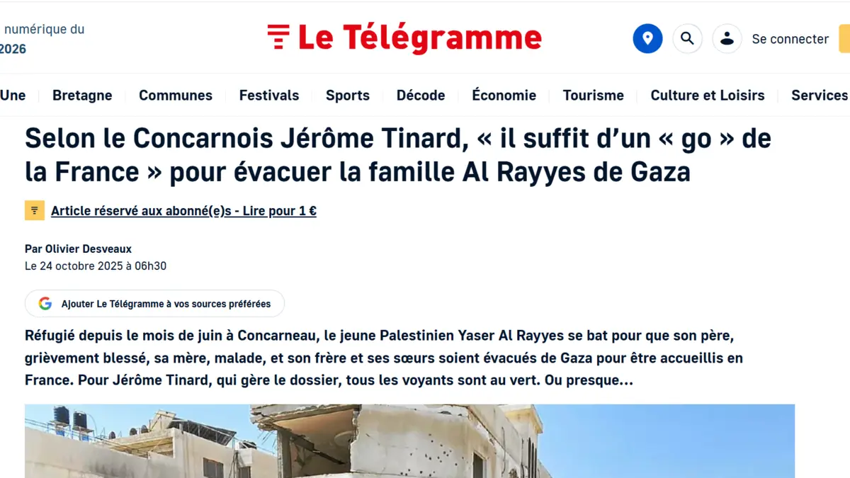 Screenshot of the Le Télégramme article of 24 October 2025 on the evacuation of the Al Rayyes family
