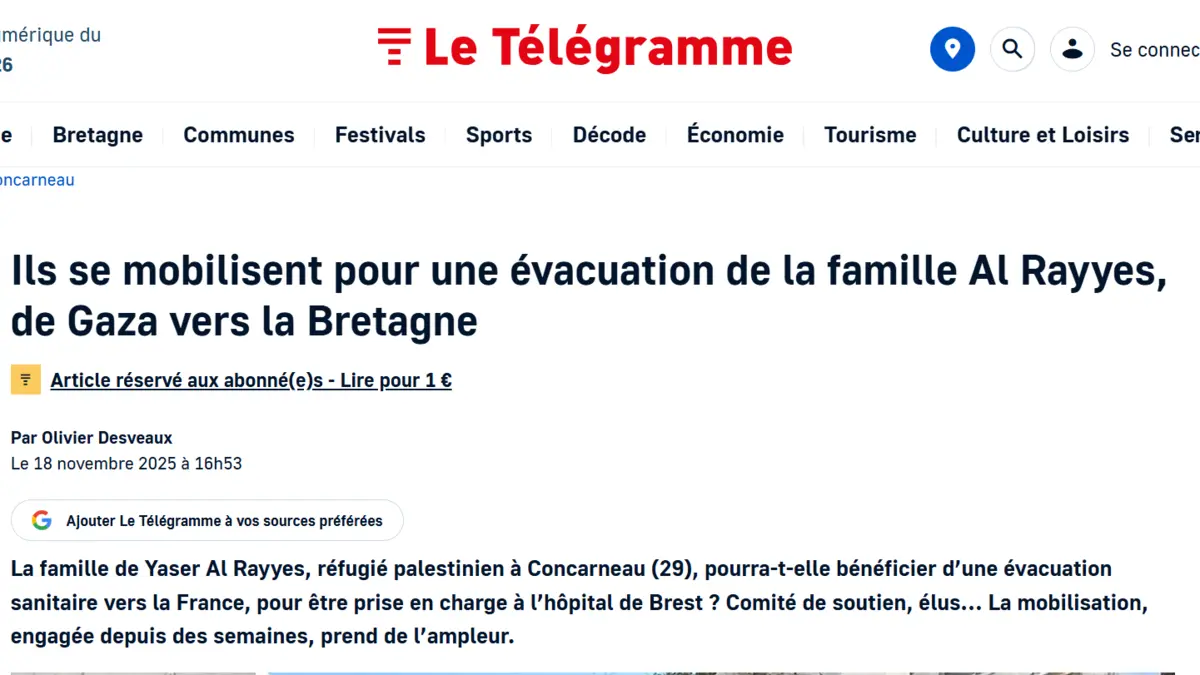 Screenshot of the Le Télégramme article of 18 November 2025 on the mobilisation to evacuate the Al Rayyes family
