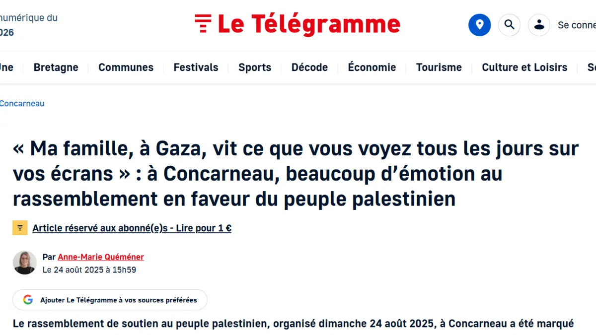 Preview of the Le Télégramme article of 24 August 2025 on the rally in support of Yaser and the Palestinian people