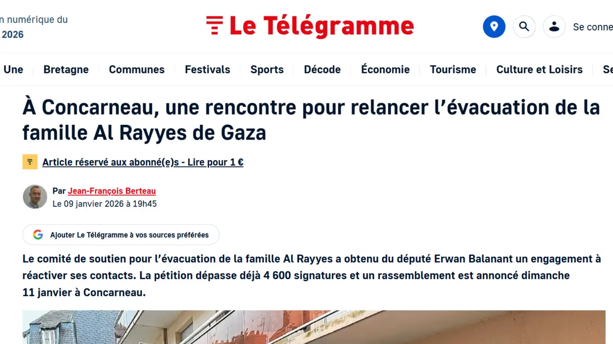 Screenshot of the Le Télégramme article of 9 January 2026 on relaunching the evacuation of the Al Rayyes family