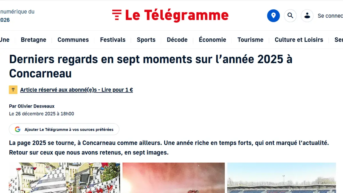 Preview of the Le Télégramme review of the year of 26 December 2025, citing Yaser among seven defining moments in Concarneau